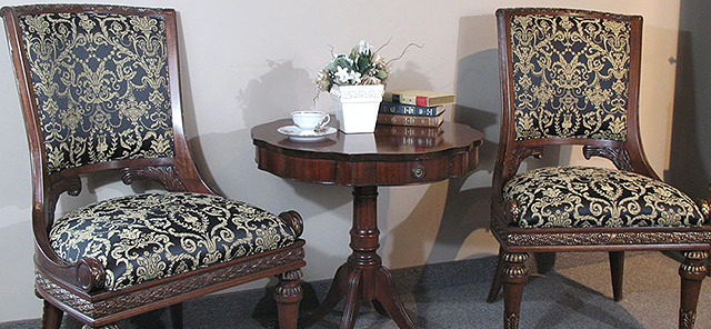 black patterned wooden accent chairs