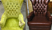 A before and after picture of a red leather finished arm chair