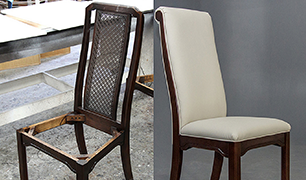 A before and after picture of a finished dining chair