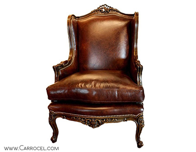Carved Louis XV Styled Leather Wing Chair