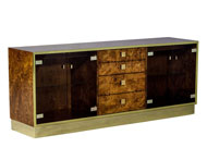 1960s Burled Wood Polished Brass and Glass Credenza