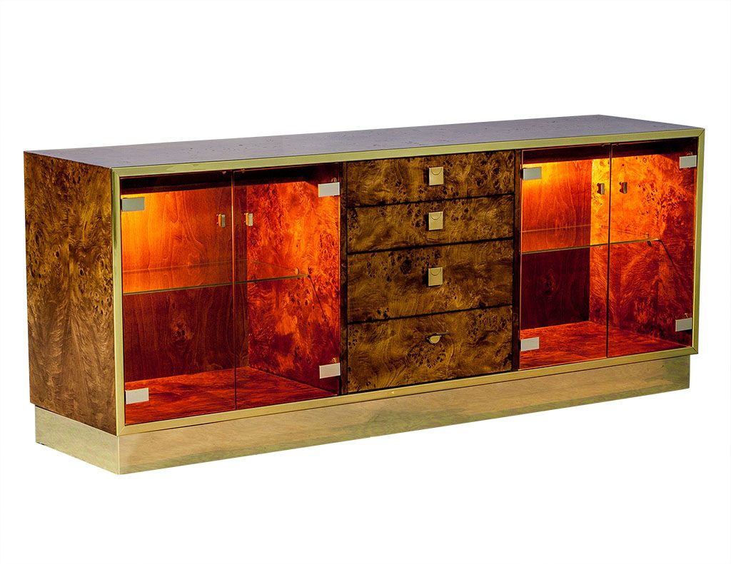 1960s Burled Wood Polished Brass And Glass Credenza