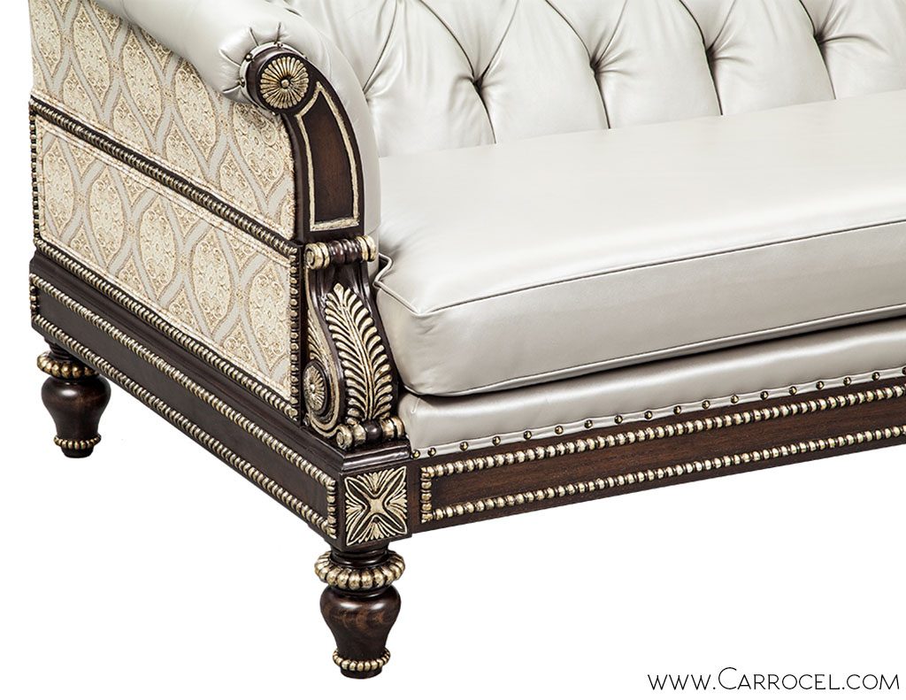 Custom Leather Tufted Silver Leaf Carved Sofa By Carrocel