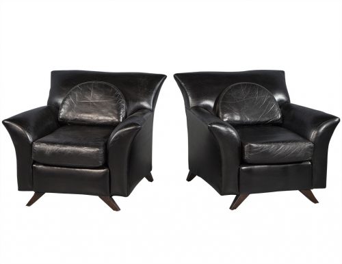 Pair of Black Leather Oversize Bat Wing Style Parlor Chairs