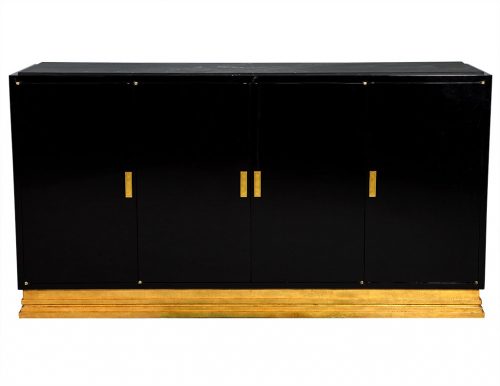 Modern Gold Leaf and Black Lacquer Buffet Console Cabinet with Stone Top
