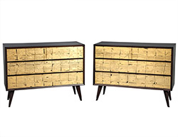 Pair of Vintage Mid Century Modern Walnut Gold Leafed Chests of Drawers