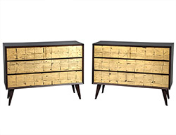 Pair of Vintage Mid Century Modern Walnut Gold Leafed Chests of Drawers