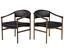 Pair of Vintage Mid-Century Brass and Walnut Leather Parlor Chairs