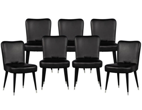 Set of 7 Vintage French Art Deco Dining Chairs in Black Leather