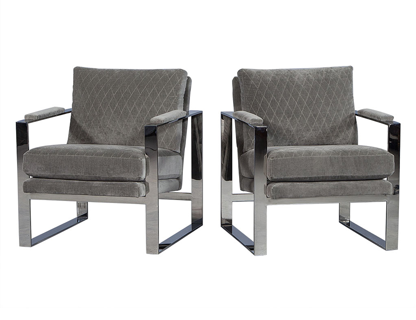 Grey Velvet and Stainless Steel Lounge Chair