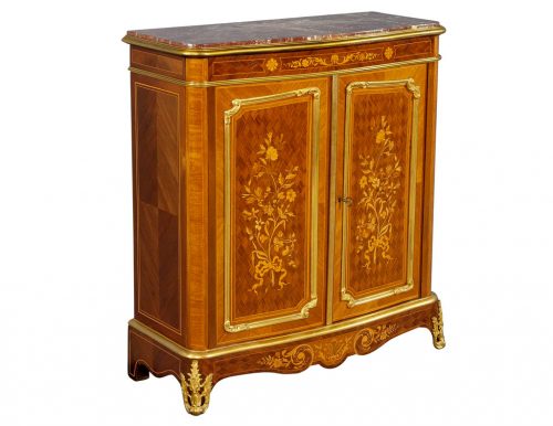 Antique French Louis XV Style Marble Top Commode with Floral Marquetry