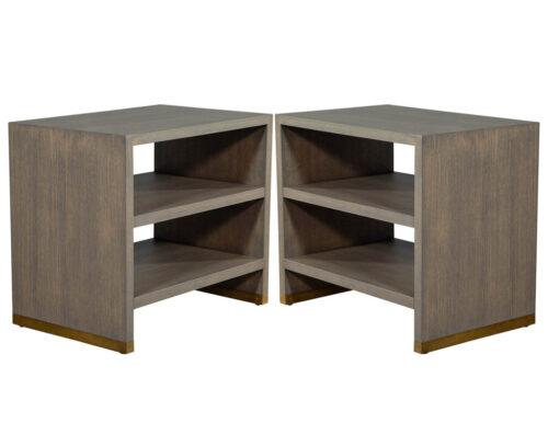 Pair of Oak Console End Tables with Brass Accents