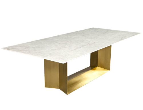 Custom Modern Porcelain Dining Table with Crystal Ice Top and Brass Angled Base