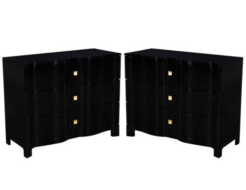 Pair of Curved Front Black Lacquered Chests Night Tables