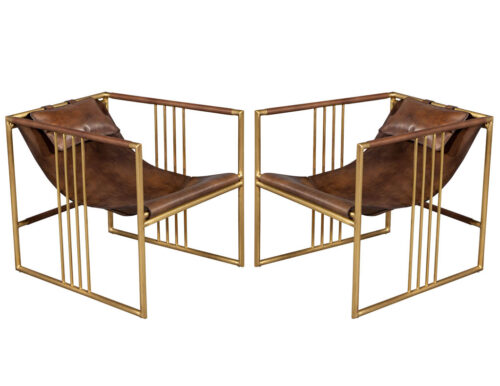 Pair of Modern Brass Leather Lounge Chair Saddle by McGuire Haybine