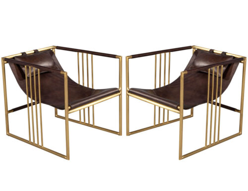 Pair of Modern Brass Leather Lounge Chair Bison by McGuire Haybine