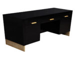 Sophisticated modern black desk with sleek design and brass accents, offering functional storage and an elegant workspace.