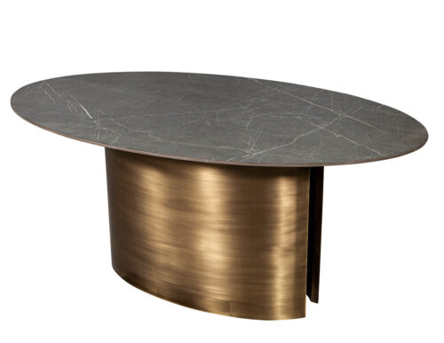 Custom Oval Porcelain Top Dining Table with Brass Demi Lune Base by Carrocel