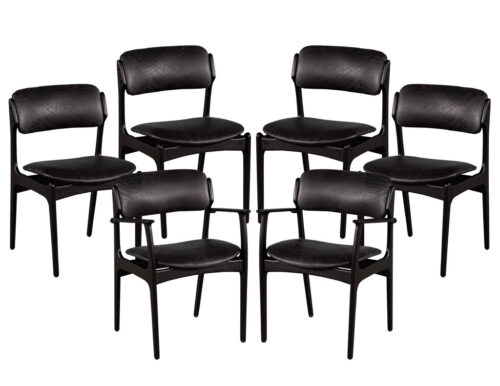 Set of 6 Mid-Century Modern Black Leather Dining Chairs