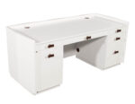 Modern white executive office desk with stylish brass handles and spacious drawers for organized storage.