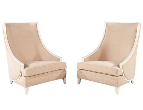 Pair of Modern High Back Lounge Chairs with Designer Cream Velvet