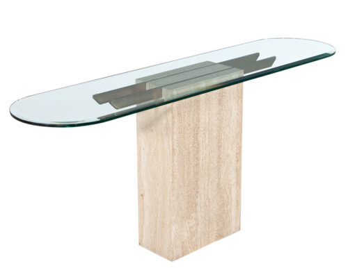 Original Italian Travertine Console Table with Glass Top and Brass Detailing