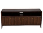 Modern zebrawood media cabinet console, featuring a sleek design and ample storage, ideal for living rooms and media spaces.