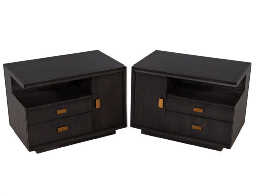 Pair of Modern End Tables in Grey Charcoal Finish and Bronzed Hardware