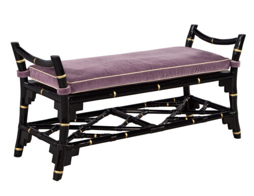 Black Lacquered Chinoiserie Inspired Bench with Hand Painted Gold Accents