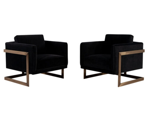 Pair of Custom Black Velvet Lounge Chairs with Brass Frames by Carrocel