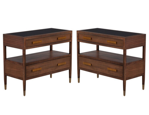 Pair of Walnut Nightstand Chests with Black Lacquered Tops by Baker Furniture