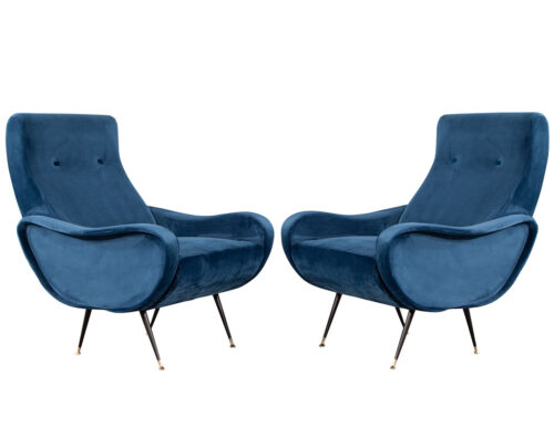 Pair of Vintage Blue Velvet Italian Lounge Chairs in the Style of Zanuso