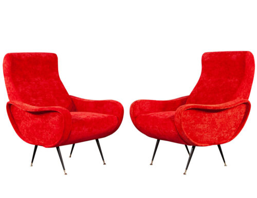 Pair of Vintage Red Velvet Italian Lounge Chairs in the style of Zanuso
