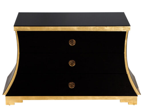 Hollywood Regency Black Glass and Gold Leaf Curved Commode
