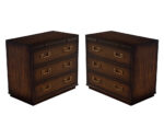 Pair of vintage-inspired nightstands with dark wood finish, three drawers each, and brass rectangular drawer pulls.