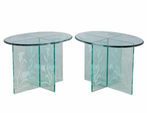 Pair of Vintage Floral Etched Glass Oval End Tables