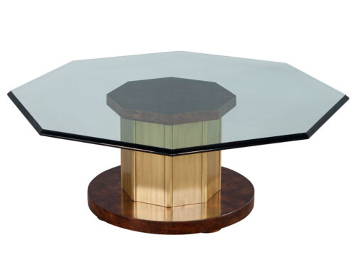 Octagonal Glass Top Coffee Table in Burled Walnut and Brass by Mastercraft