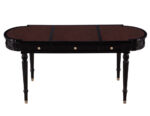Traditional English black writing desk with leather top, offering elegant storage and a timeless design for any office.