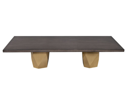 Custom Modern Grey Dining Table with Metal Geometric Pedestals
