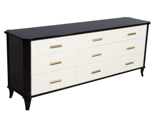 Polished Black Lacquered Sideboard by Baker Furniture Facet Cabinet
