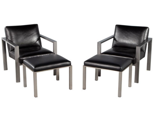 Pair of Mid-Century Modern Black Leather Metal Lounge Chairs with Ottomans