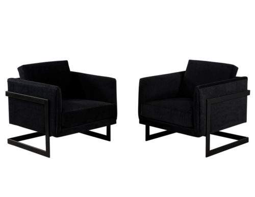 Pair of Custom Black Velvet Lounge Chairs with Black Metal Frames by Carrocel
