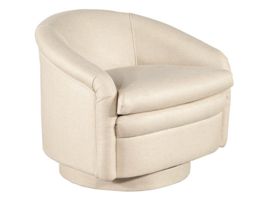Mid-Century Modern Fully Upholstered Swivel Lounge Chair in Cream Linen