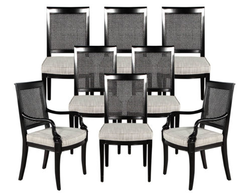 Set of 8 Regency Black Lacquered Cane Back Dining Chairs