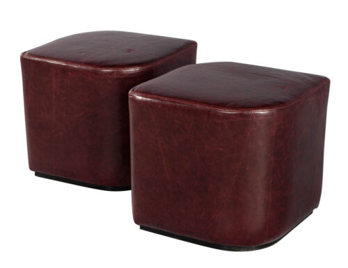 Modern Geometric Ottomans in Distressed Burgundy Leather