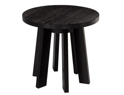 Round Oak Side Table in Black Cerused Finish