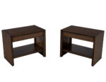Pair of dark wood nightstands with single drawers and open shelving, designed for practical bedside storage.