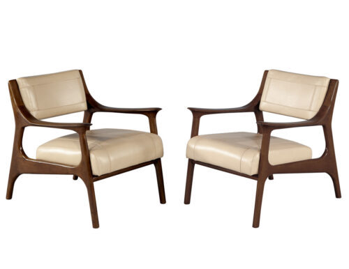 Pair of Mid-Century Modern Danish Lounge Chairs Stitched Leather