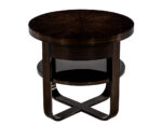 Single round dark wood nightstand with a sunburst top, cross-legged base, and lower shelf for structured storage.