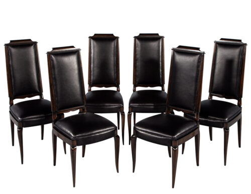 Set of 6 Antique French Art Deco Dining Chairs in Black Leather